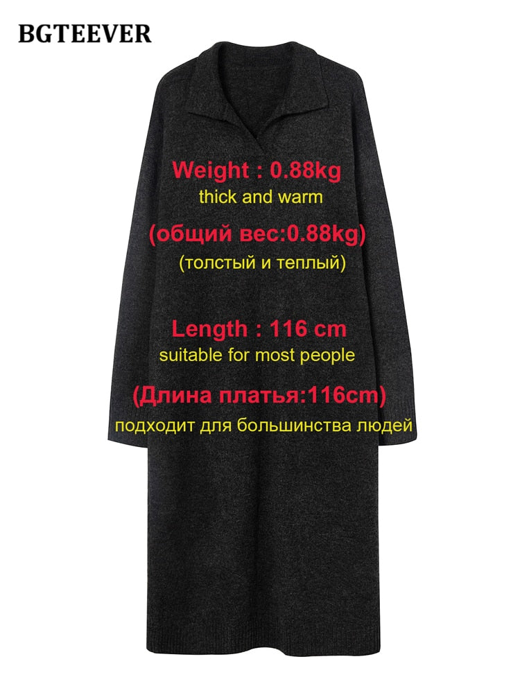 BGTEEVER Casual Thicken Warm Loose Sweater Dress Women Autumn Winter Lapel Full Sleeve Solid Long Knitted Dress Female vestidos