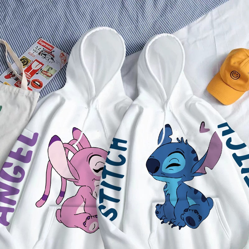 Disney Hoodie Fashion Stitch Angel Monster Letter Cartoon Sweatshirt Pullover Cute Harajuku Unisex Women&#39;s Pocket Top