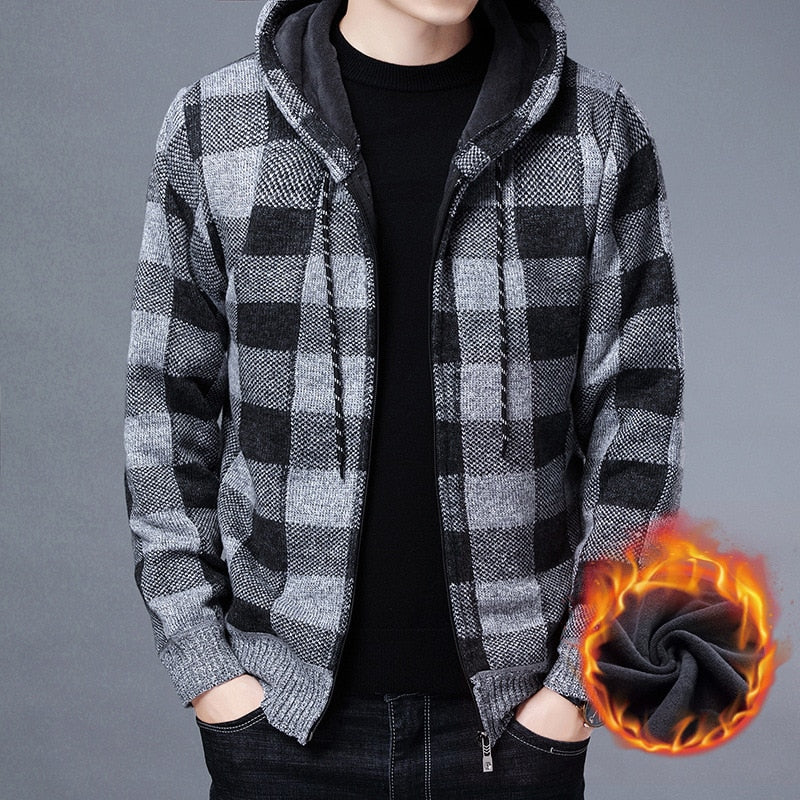 Winter 2022 New Men&#39;s Fleece Thickened Cardigan Knit Sweater / Male Loose Warm Hooded Add Wool Jacket Coat