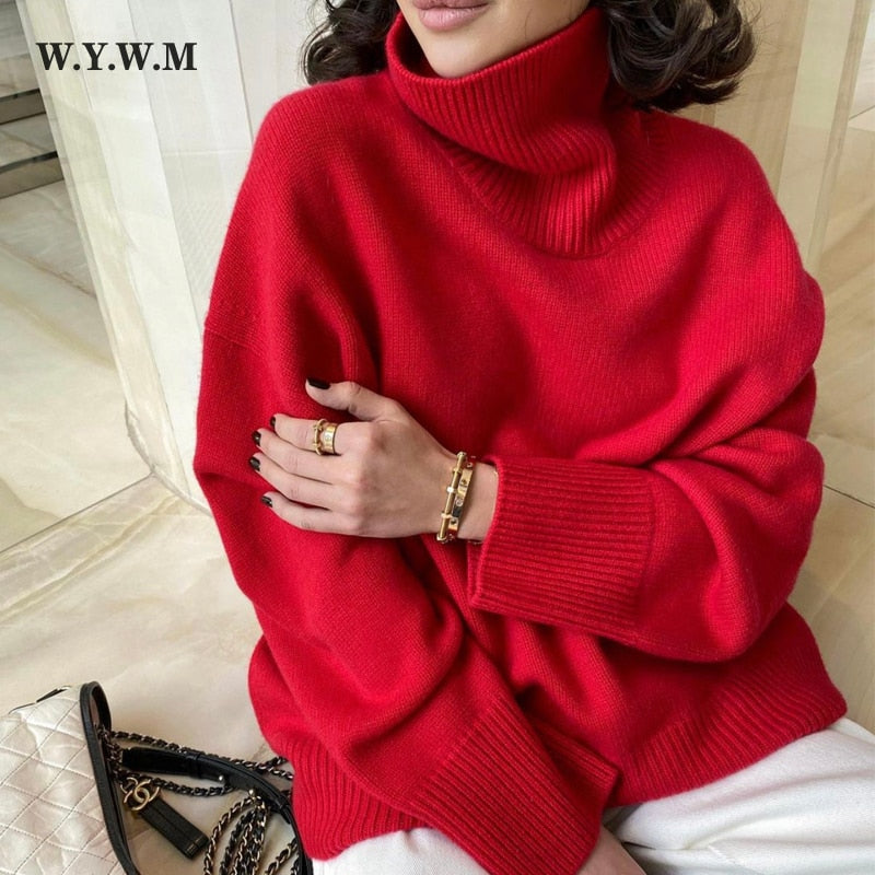 WYWM Cashmere Elegant Turtle Neck Women Sweater Soft Knitted Basic Pullovers O Neck Loose Warm Female Knitwear Jumper