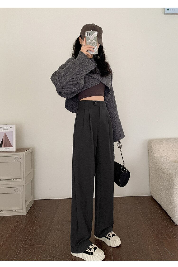 2023 HappyLisa Women Spring Summer Long Suit Pants Ladies High Waist Wide Leg Floor-Length Loose Pant Female Casual Trousers P09