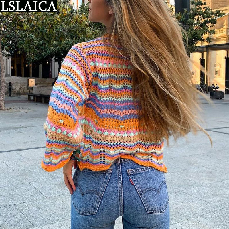 Cardigan Top Women Long Sleeve Single Button Decorated Slim Rainbow Striped Patchwork Women&#39;s Sweater Spring Autumn Fashion 2022