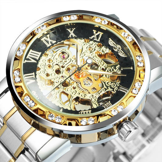 WINNER Transparent Skeleton Watch for Men Mechanical Wristwatches Diamond Watches Mens Luxury Stainless Steel Strap Unisex Clock