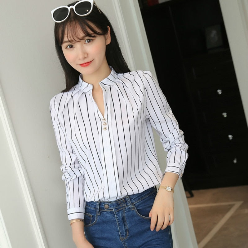 JFUNCY  Women White Tops and Blouses Fashion Stripe Print Casual Long Sleeve Office Lady Work Shirts Female Slim Blusas