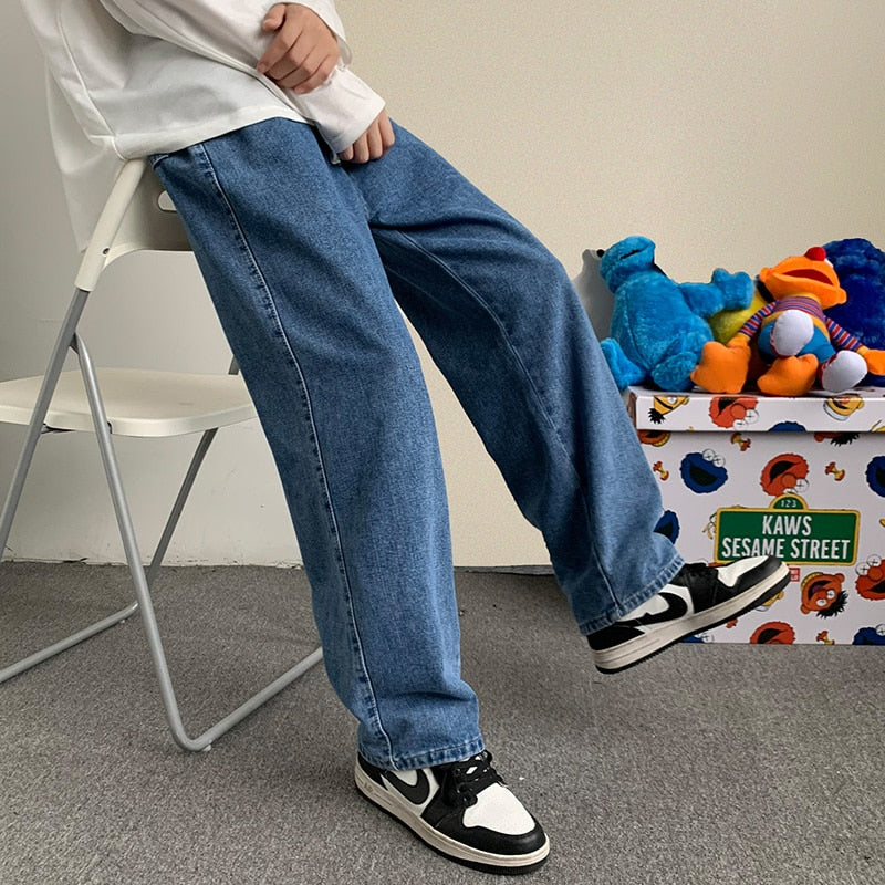 2021 Autumn New Streetwear Baggy Jeans Men Korean Fashion Loose Straight Wide Leg Pants Male Brand Clothing Black Light Blue