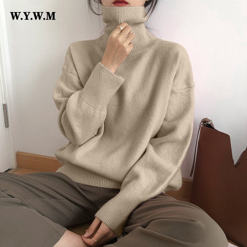 WYWM Cashmere Elegant Turtle Neck Women Sweater Soft Knitted Basic Pullovers O Neck Loose Warm Female Knitwear Jumper