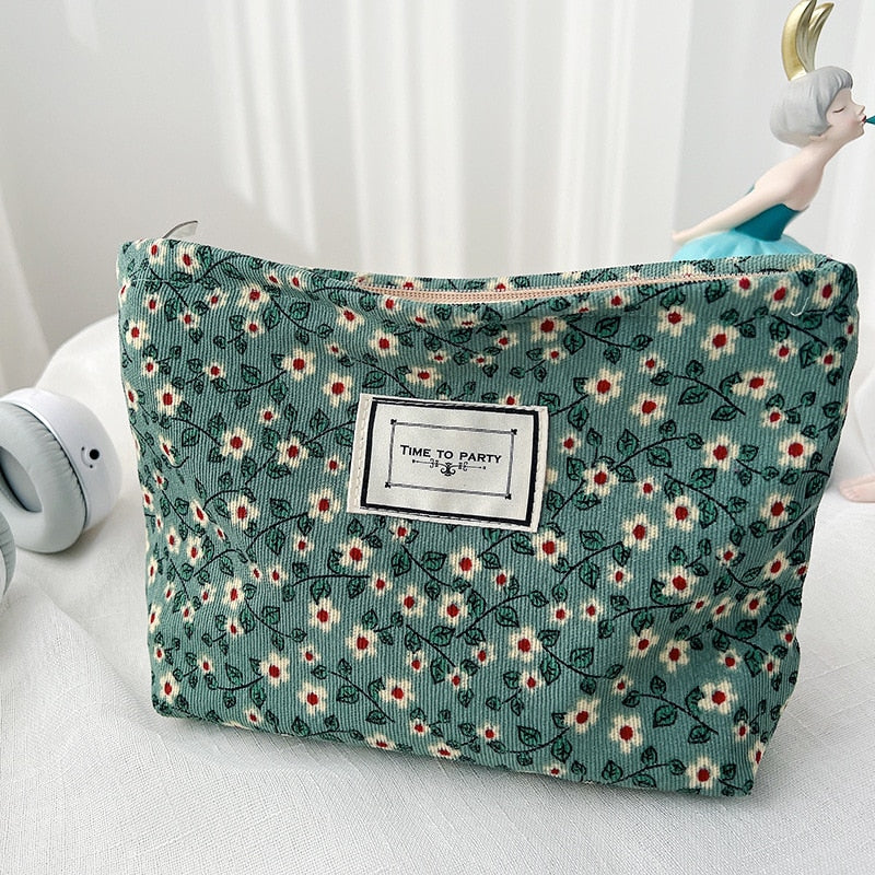 Cosmetic Bag Women Floral Makeup Case Organizer Korean Embroidery Cosmetic Pouch Travel Toiletry Bag Corduroy Canvas Beauty Case