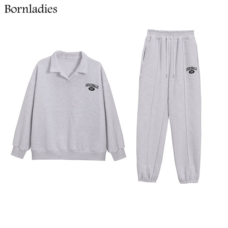 Bornladies Women Cotton Sweatshirt Suit Oversized Sets Female Stand Collar Loose Sweatshirt + Long Pants Suits Short Sets