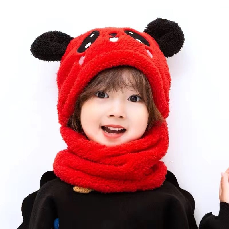 New Autumn and Winter Cute Children Cartoon Scarf Hat Two-piece Double Fleece Warmth Boy Girl Child Adult Parent-child Baby hat