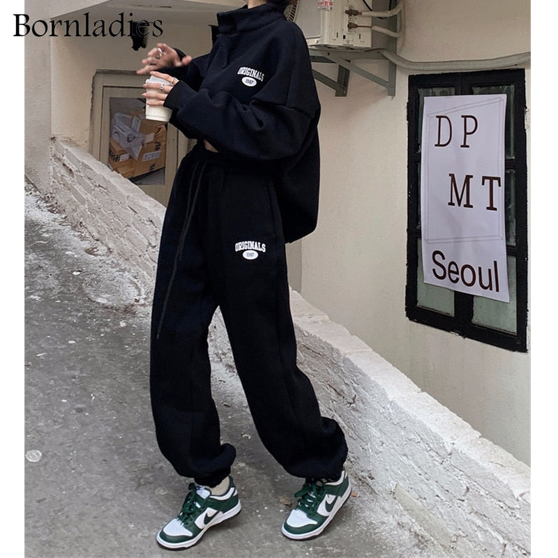 Bornladies Women Cotton Sweatshirt Suit Oversized Sets Female Stand Collar Loose Sweatshirt + Long Pants Suits Short Sets