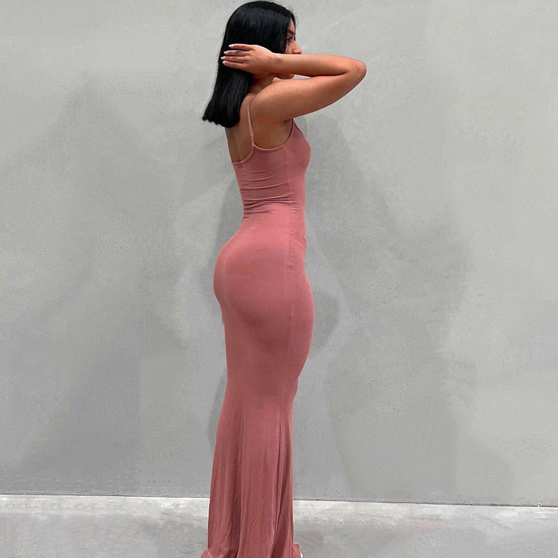 2022 New Fashion Women Sexy Dresses Sleeveless Bodycon Backless Long Maxi Pure Slim Down Honey Peach Hip Suspender Party Dress