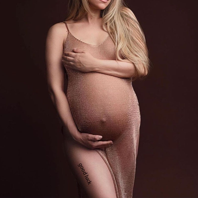 Pregnancy Dress Shoot Gold Knitted Maternity Dresses for Photo Shoot Robe Transparent hollowed Clothing Props