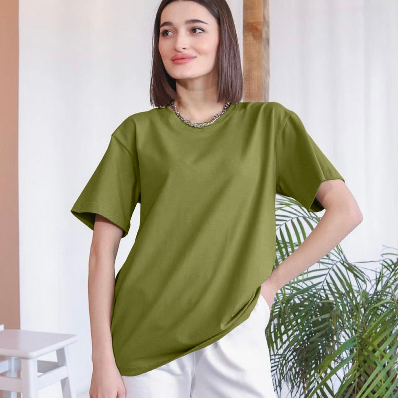 Hirsionsan Basic Cotton T Shirt Women 2022 Summer New Loose Solid Tees 18 Color Casual Loose Tshirt Korean O Neck Female Tops