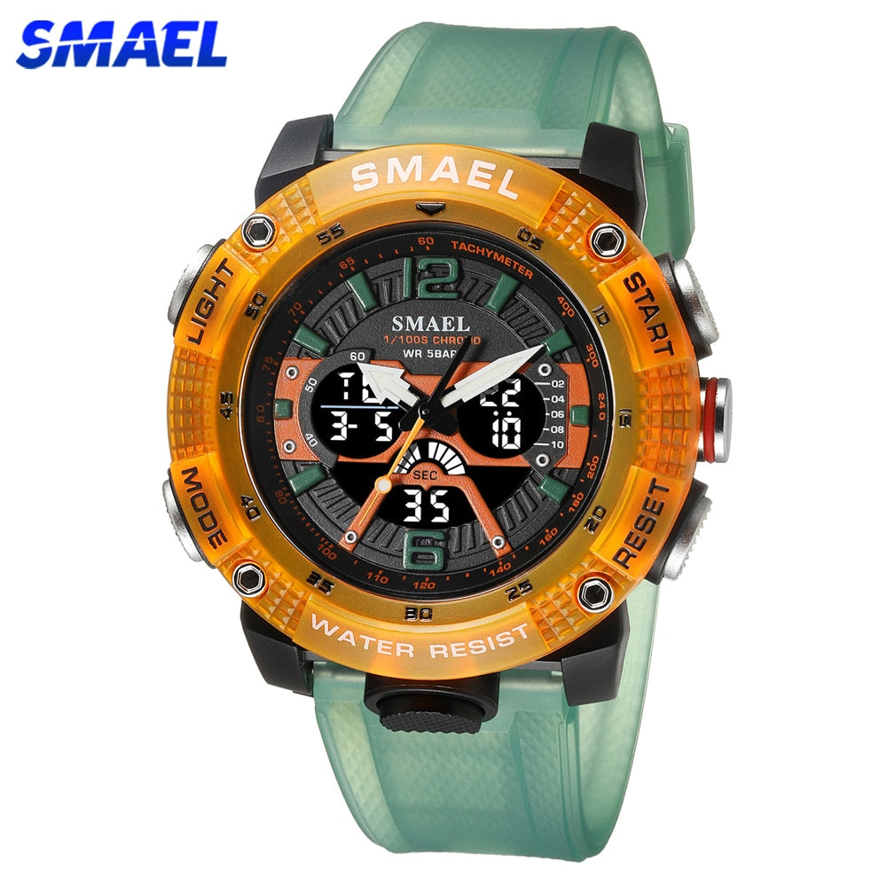 SMAEL Brand Fashion Student Gift Sport Watch for Men Waterproof Youth Alarm Digital LED Stopwatch Quartz Analog Wristwatch Male