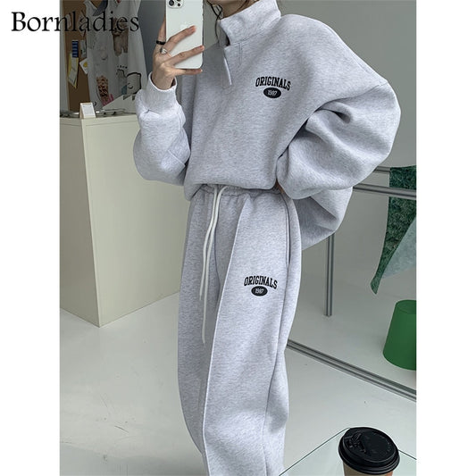 Bornladies Women Cotton Sweatshirt Suit Oversized Sets Female Stand Collar Loose Sweatshirt + Long Pants Suits Short Sets