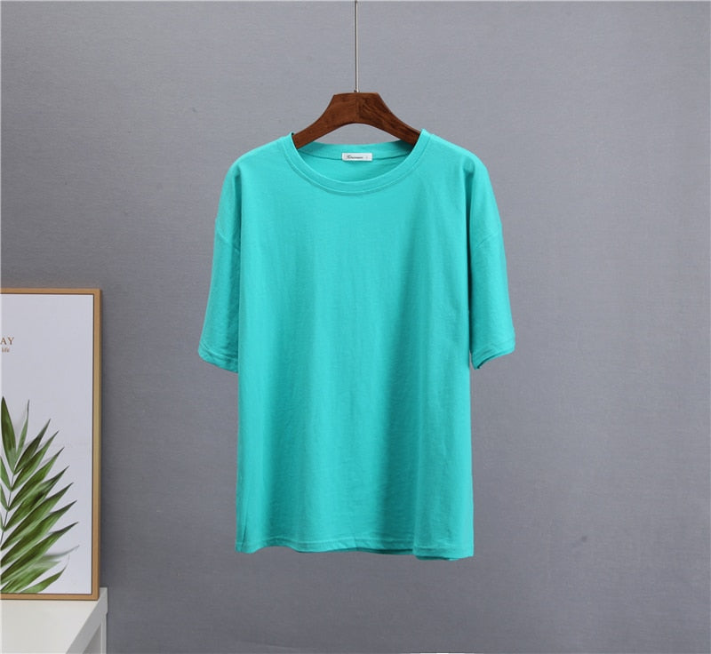 Hirsionsan Basic Cotton T Shirt Women 2022 Summer New Loose Solid Tees 18 Color Casual Loose Tshirt Korean O Neck Female Tops