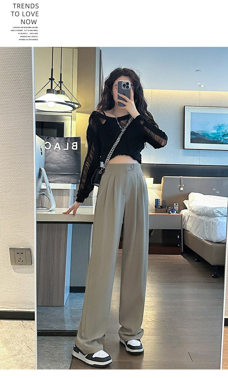 2023 HappyLisa Women Spring Summer Long Suit Pants Ladies High Waist Wide Leg Floor-Length Loose Pant Female Casual Trousers P09