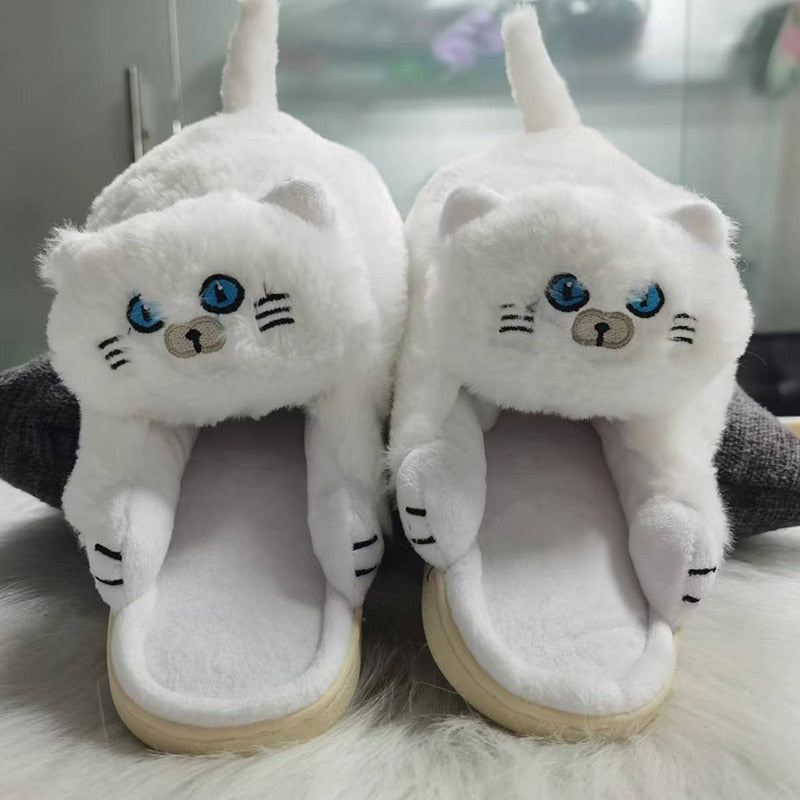 Cuddly Hug Cat Slippers Women Men Winter Home Slides Kawaii Floor Shoes Furry Slippers Girl White Mules Funny Cute Gift Slippers