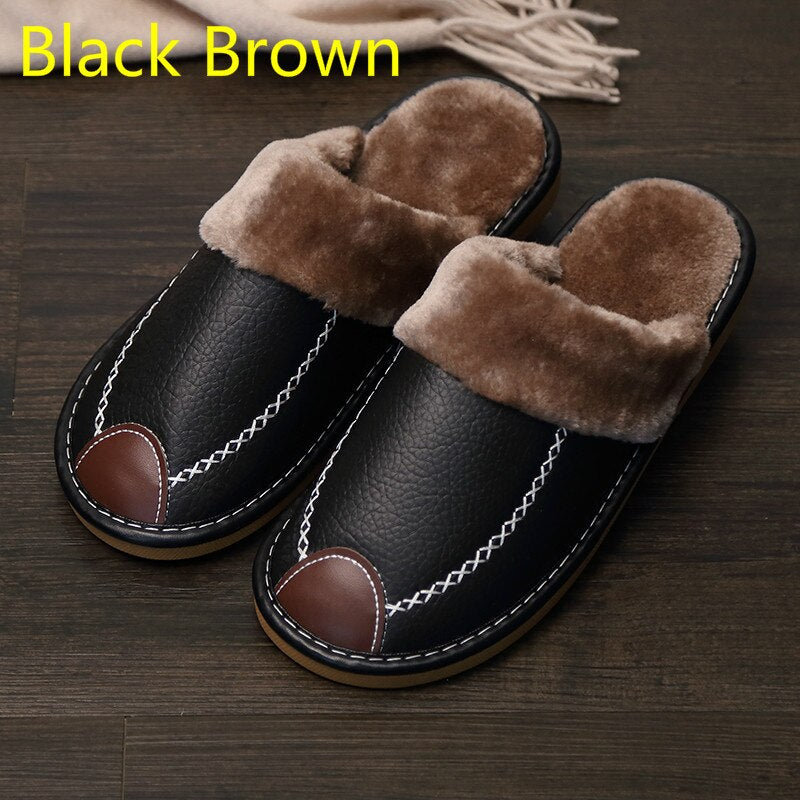 FONGIMIC Men Slippers Black New Autumn PU Leather Slippers Warm Indoor Slipper Waterproof Home Shoes Men Warm Leather Slippers