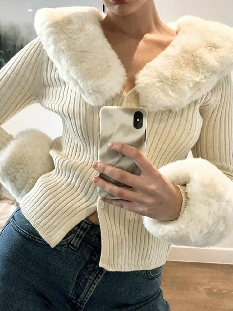 WannaThis Knitted Cardigans Sweater Women Fur Trim Collar Slim 2021 Autumn Winter Casual Cotton Jumpers Y2K Button Top Knitwear